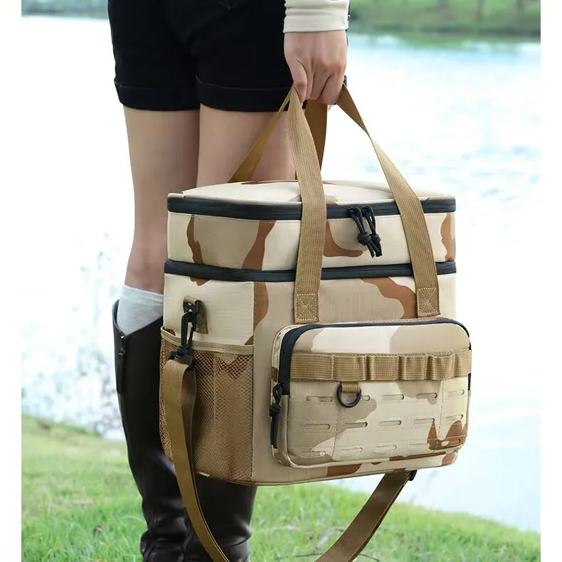 防水断熱ダブルランチバッグ迷彩戦術アイスバッグ肥厚冷凍庫バッグ屋外ピクニック収納袋-﻿