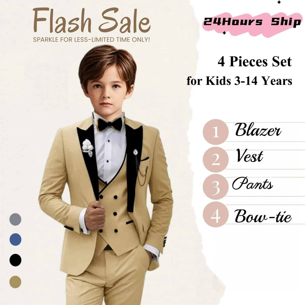 

Best Seller Boys Suit 4PC | Vevet Collar Blazer Vest Dress Pants Bow Tie | 3-14 Years | Wedding Party | Ships Now