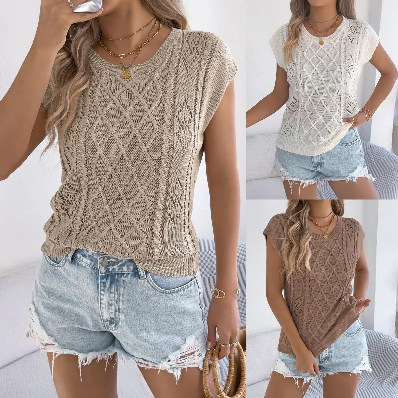 

2026 Spring and Summer Hollow Twist Bat Sleeve Casual Loose Knitted Sweater Top