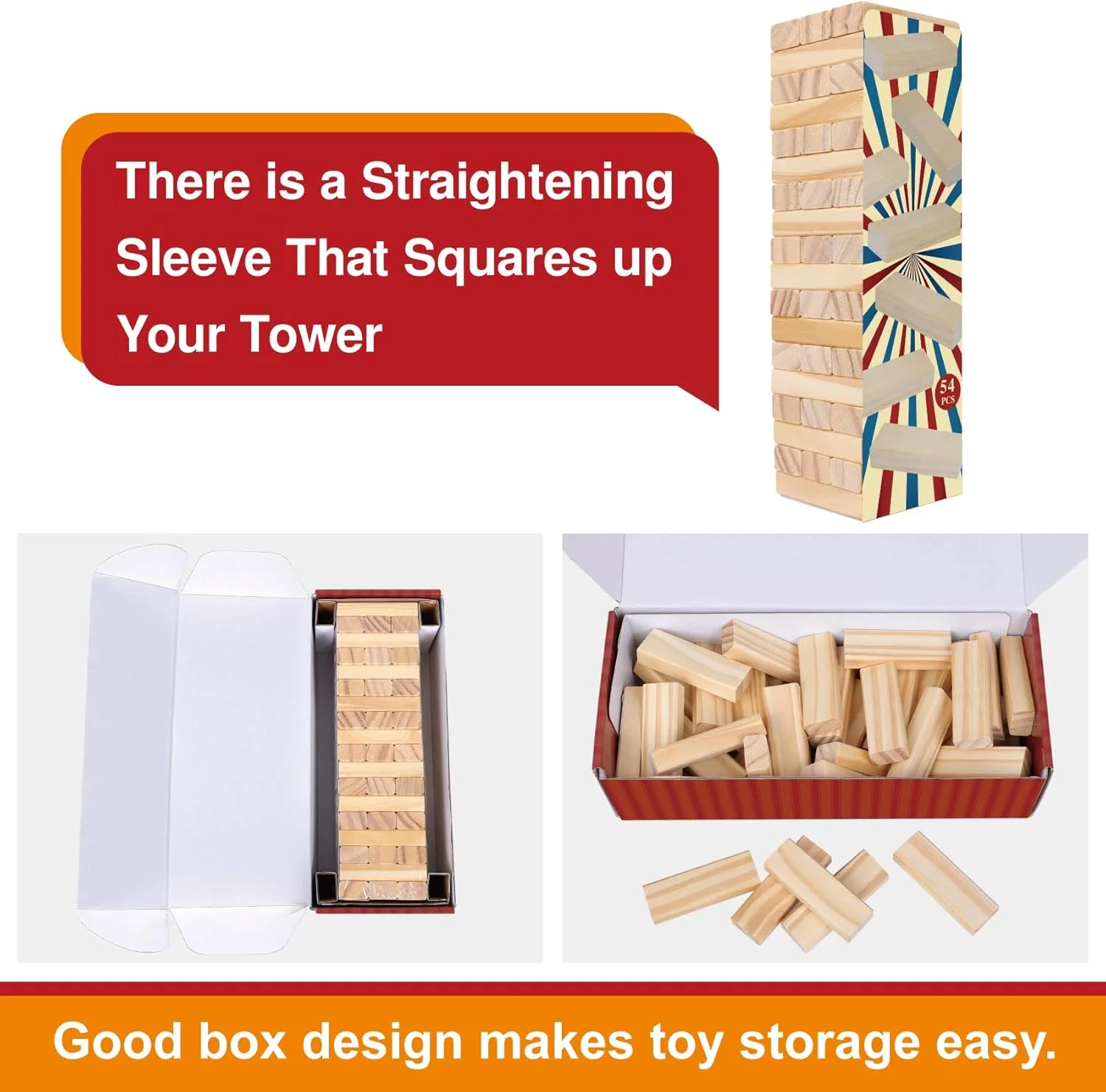 Tumble Tower Game for Kids and Adults, 54pcs Wooden Board Stacking Game for Family Games Night, Classical Wood Blocks Game, Stan