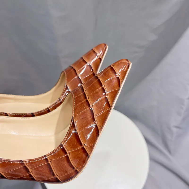 Women's Brown Crocodile Pattern Pointed Toe Stiletto 12cm High Heels Fashionable Elegant Pumps for Party,Office & Evening Wear