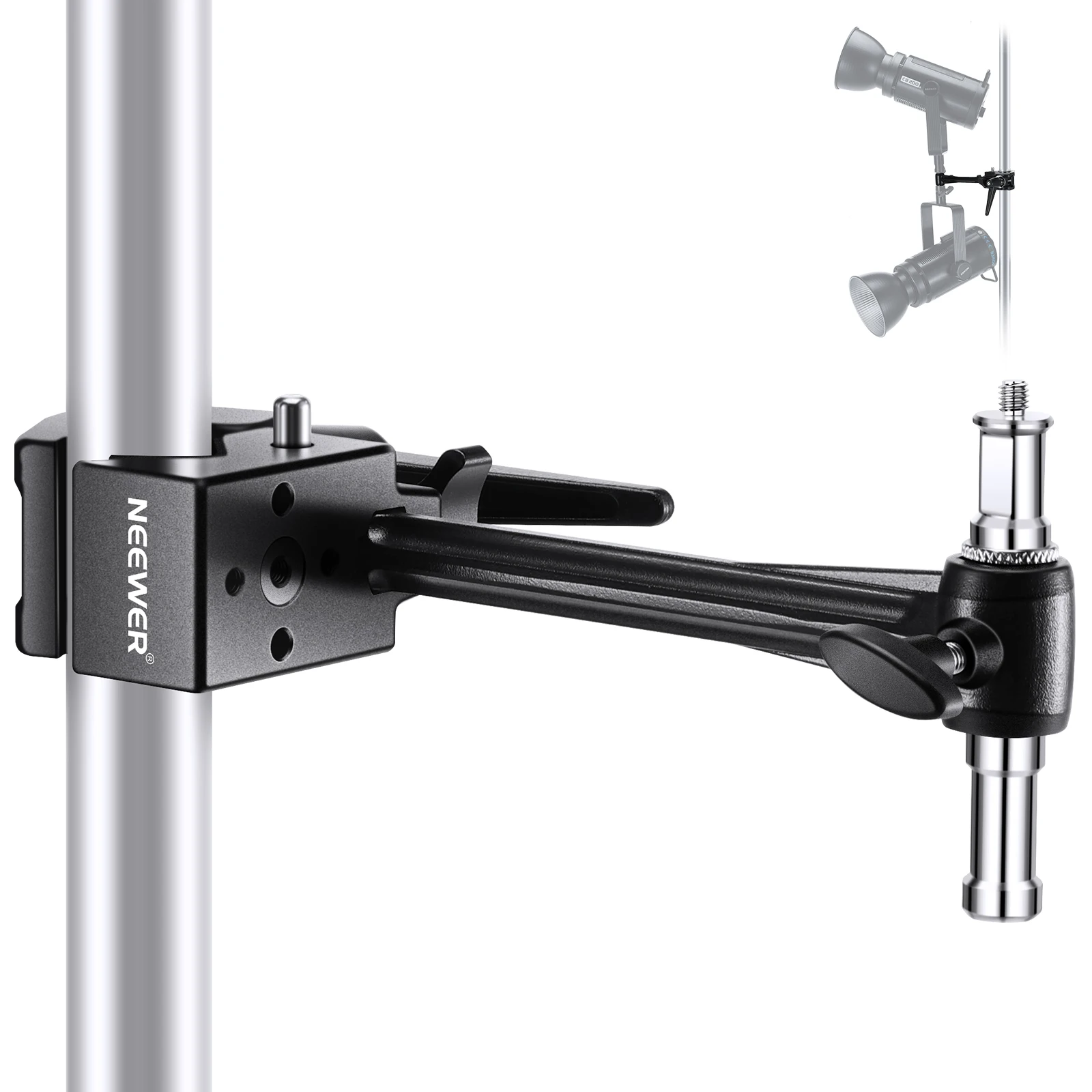 NEEWER Super-Klemme mit 6-Zoll-Verlängerungsarm, 5/8-Zoll-Bolzen, 2,4-Zoll-Backengriff, robuste Krabbenstangenklemme für runde flache Rohre – Detail 1