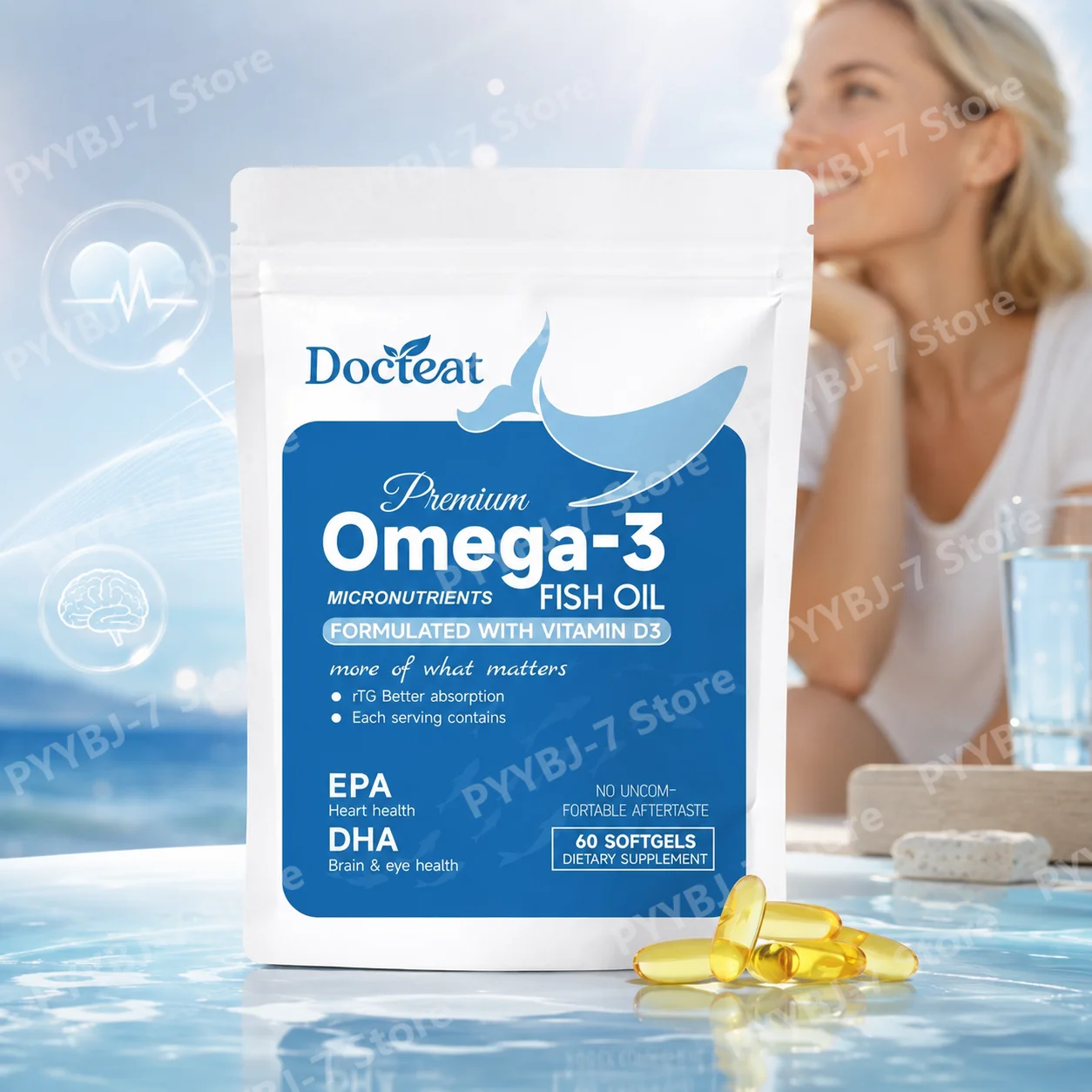 Omega-3 Fish Oil Vitamin D3 Softgels EPA DHA rTG Formula Daily Wellness Heart Brain Eye Nutrition Support 60 Count Supplement