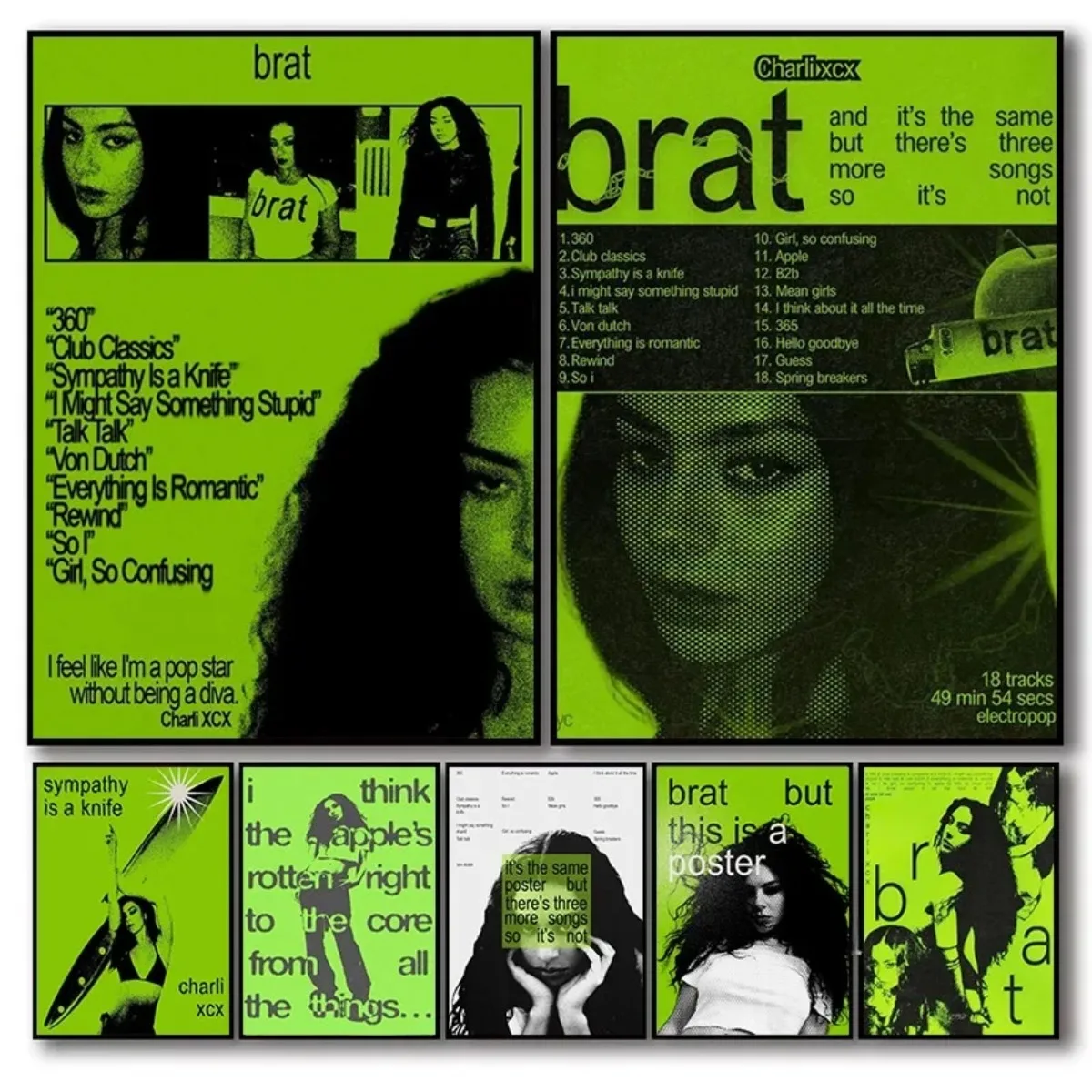 Brat Cover Singer C-Charli  Iconic Album Y2k Style Poster Vintage Green Art Canvas Painting Living Room Home Decor Fans Gift