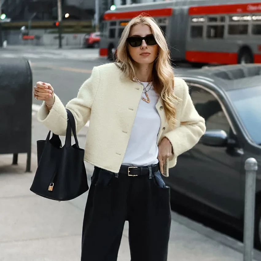 

Elegant Autumn Women's Woolen Jacket Round Neck Single Breaasted Female's Short Blazer Slouchy-Style Versatile Coat For Lady