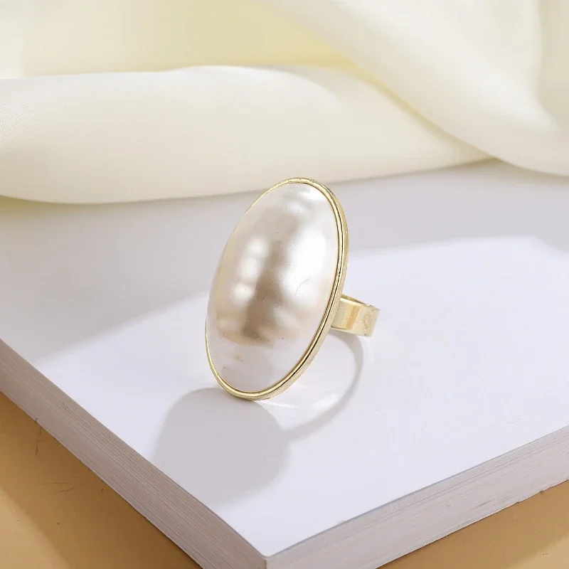 French Gentle Style Oval Imitation Pearl Open Ring, Women's Elegant Temperament Daily Hundred with Accessories Gift