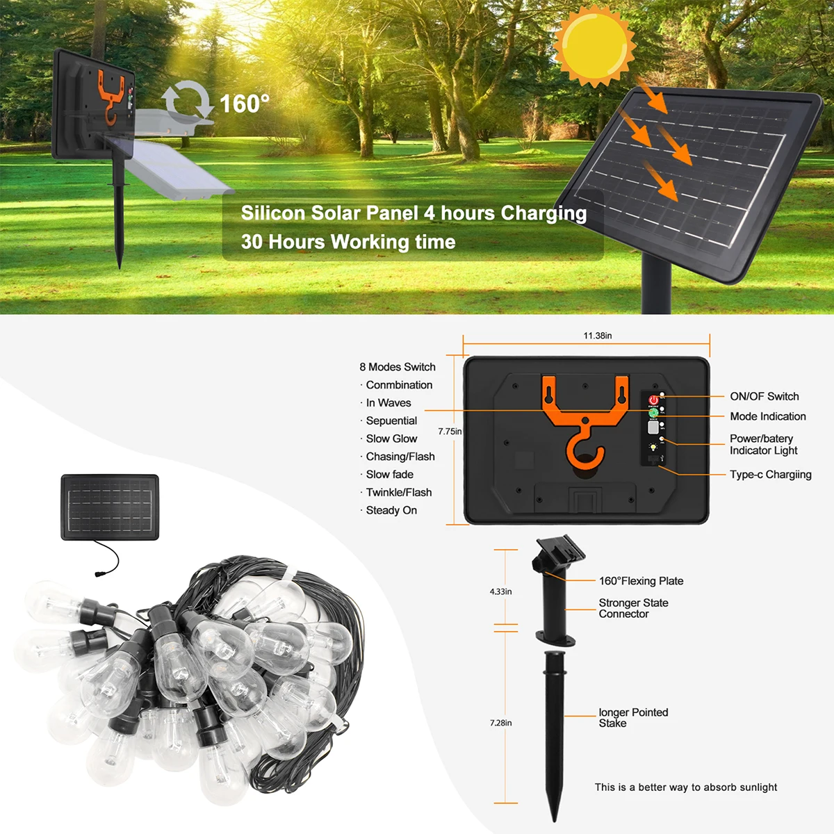 24V Solar Outdoor LED String Lights Power Kit Festoon Fairy Patio Garland Wedding Street Camping Garden Party Decoration Lights