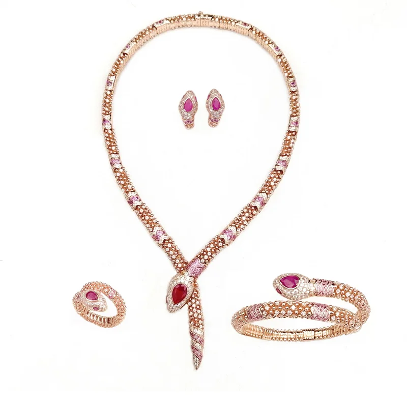 Stylish Snake Shaped Fine Jewelry Set Pink Cubic Zircon & Ruby Inlaid Light Luxury Women Party Wedding Ornament Gift