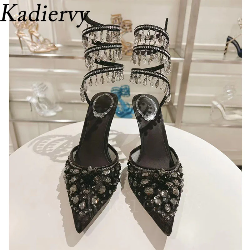 Summer High Heels Shoes Women Crystal Pendant Snake Twine Around Ankle Strap Party Shoes Pointed Toe Mesh Pumps Sandals Woman