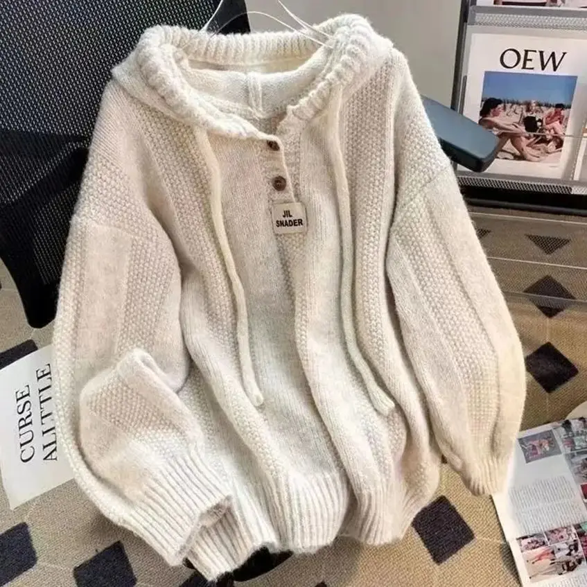 

Vintage Hooded Pullover Oversized Sweater Women Harajuku Solid Korean Fashion Knitted Coat Loose Spring Chic Soft Baggy Sweaters