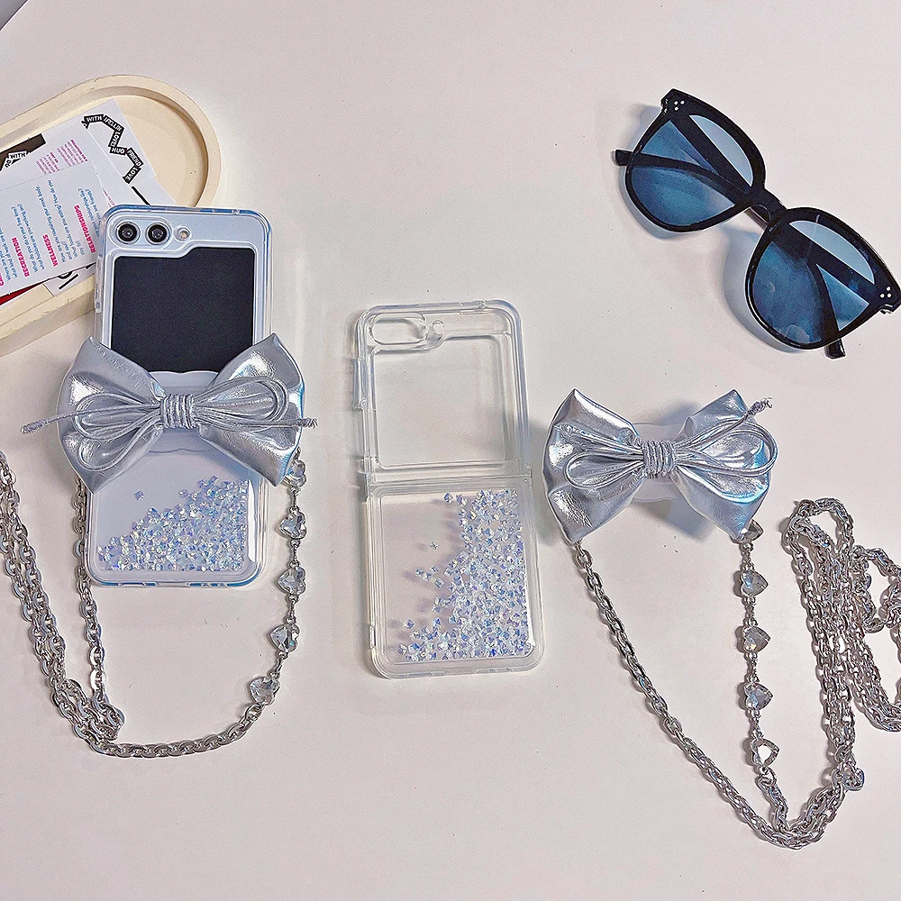 

Korea Glitter Diamond Quicksand Rhinestone Lanyard Bow Clip Clear Phone Case For Samsung Galaxy Z Flip5 ZFlip4 ZFlip3 Back Cover