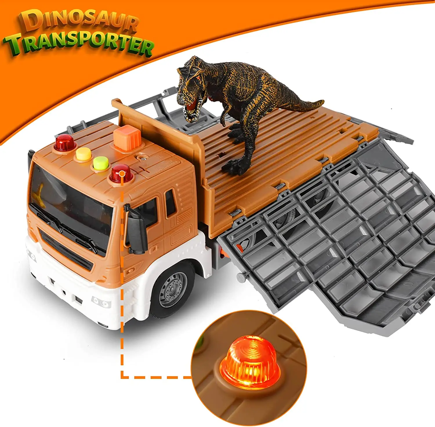 Dinosaur Dump Truck with cage Sound and Light Toy Trucks with 4 Dinosaurs Friction-Powered Toy Truck