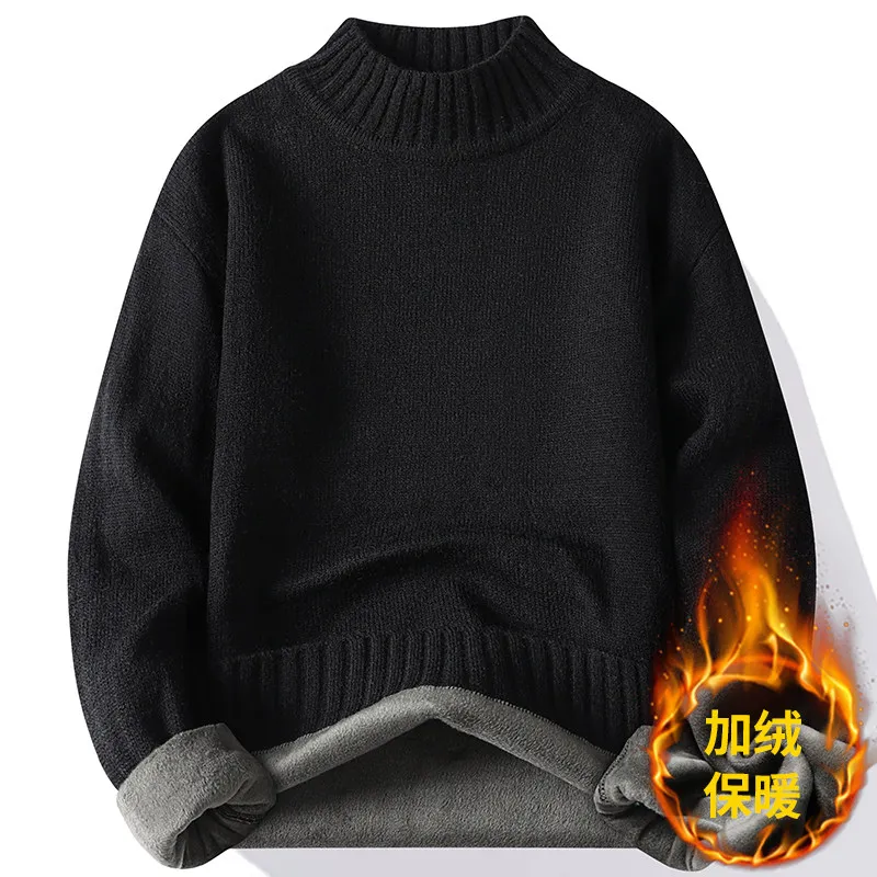 New Winter Men Mock Neck Turtlenecks Pullovers Fleece Warm Knitted Sweaters Good Quality Male Solid Outwear Casual Sweaters 3XL