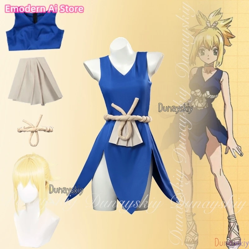

Anime Kohaku Cosplay The Competition Winner Strongest Warrior With Blue Dress With Yellow Wig Cosplay Costume Full Suit