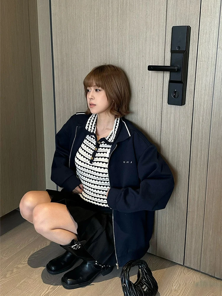 

Осень 2023, женское свободное пальто с воротником с буквенным принтом, верхняя одежда, длинное пальто обычной длины с застежкой-молнией