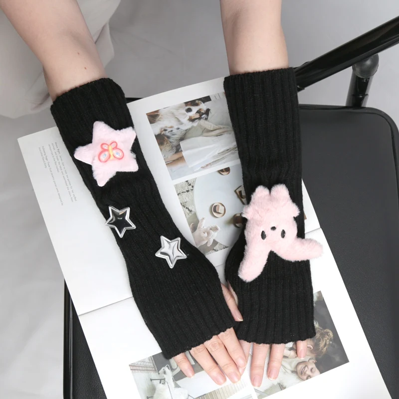 1 Pair of Girls Cute Fingerless Gloves with Star Decoration Fashionable Accessory Gloves Casual Long Wrist Punk Gothic Gloves