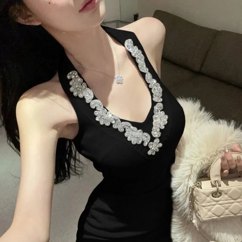 Sexy Halter Rhinestone V-neck Hotsweet Dress Women Sleeveless Chic Backless Slim Camis Dresses Ladies High Street Clothing