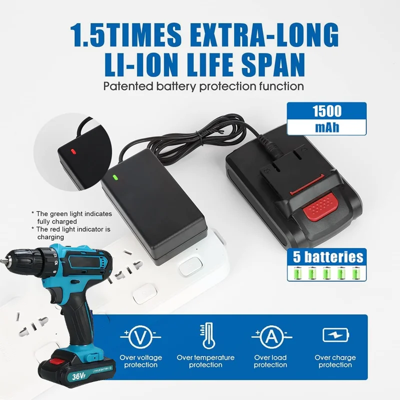 36VF boorcombinatieset, 1 batterijen en een snellader en draagbare behuizing met werklampen