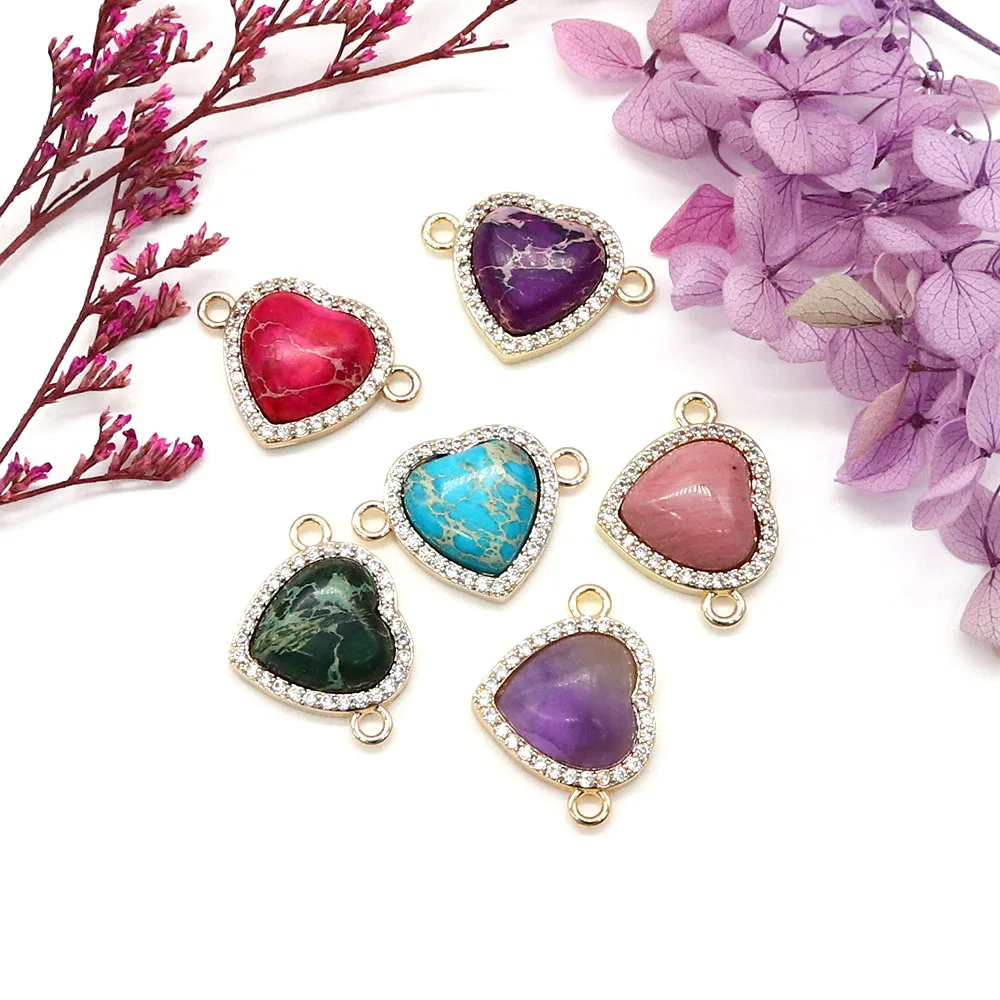 

Double-hole Connector Edge-inlaid Glass Crystal Copper-plated Heart-shaped Natural Stone Pendant DIY Jewelry Accessories Gifts