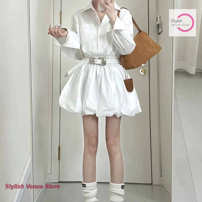 

French advanced design white shirt dress women's spring and autumn new fashion temperament plus size loose waist slim skirt
