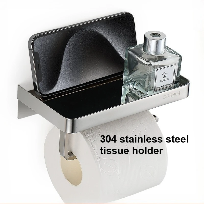 

304 Stainless Steel Toilet Paper Holder No Drilling Phone Shelf Home & Public Use Bathroom Roll Paper Box