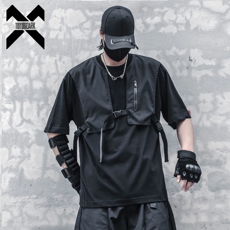 Techwear-男性用タクティカルパッチワークTシャツ,機能的な夏のストリートウェア,原宿,黒のTシャツ2023