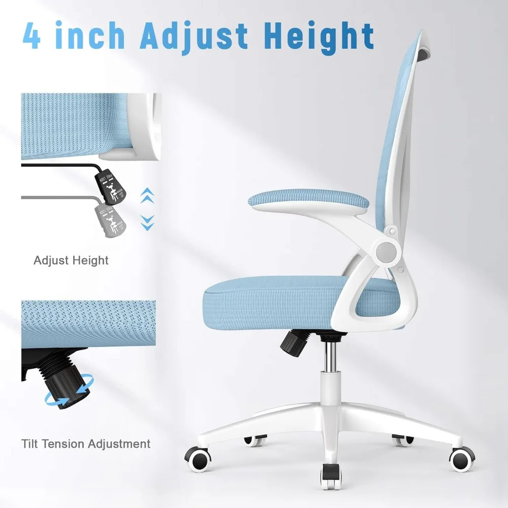 Silla de oficina ergonómica, silla de escritorio con altura ajustable, sillas giratorias con brazos abatibles y soporte lumbar sillas de oficina azules