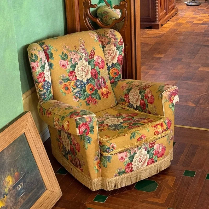 American retro flower printing fabric sofa single chair fringed edge old living room furniture tiger chair small apartment