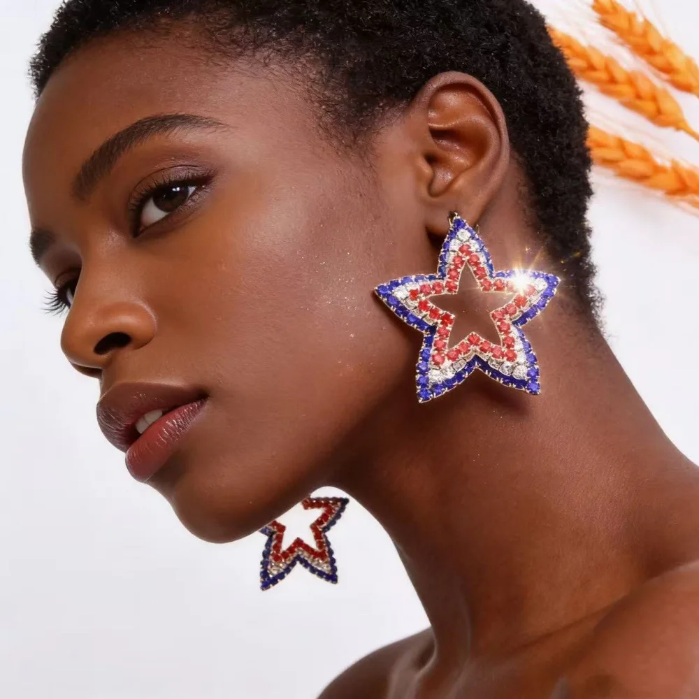 Full Diamond Square American Flag Earrings Earrings Banquet Exaggerated Rhinestones Independence Day Theme Stud Earrings Women