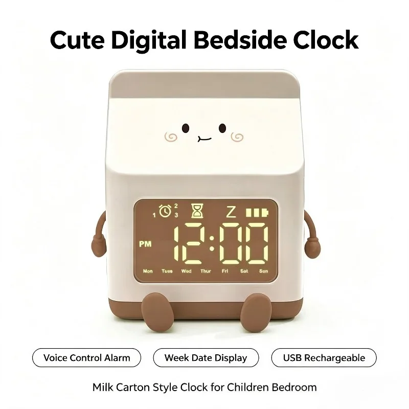 Milk Carton Alarm Clock Multifunctional LED Digital Clock Time Date Week Display Voice Control 3 Alarms Cute Children Bedside