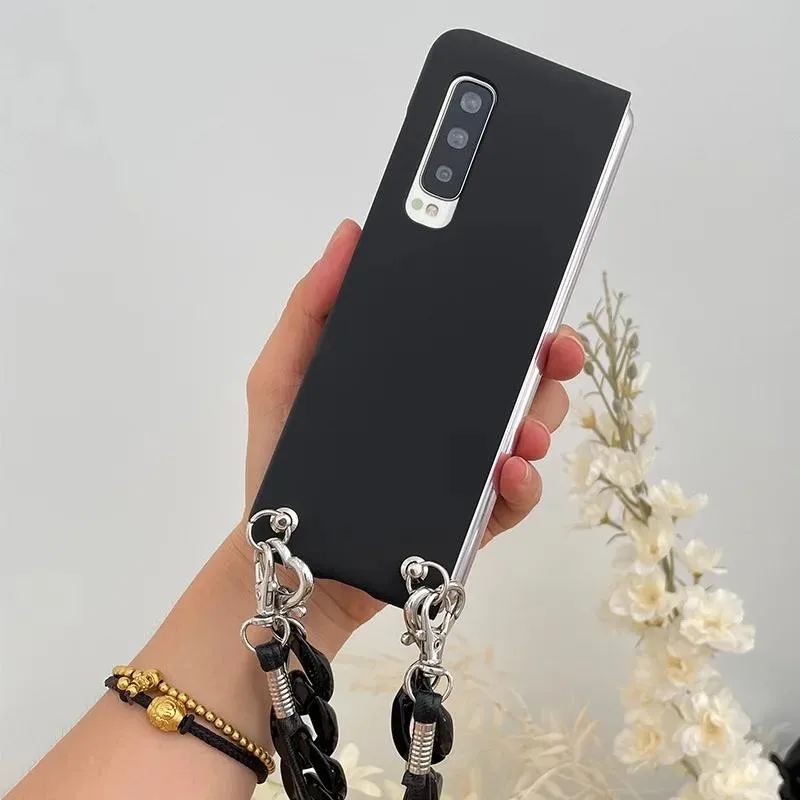Fashion Crossbody Lanyard Acrylic Bracelet Hand Chain Black Matte Skin Phone Case Cover For Samsung Galaxy Z Fold 7 6 5 4 3 2 5G