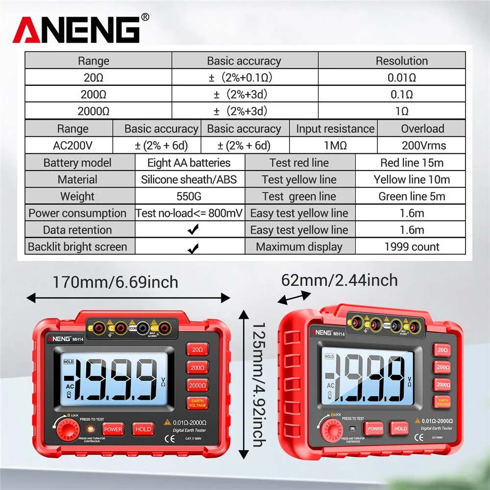 ANENG MH14 Red Color 1999 Conuts Ground Resistance Megohm Testers Meter Megohmmeter Voltmeter Ohm Detector without BatteryTools