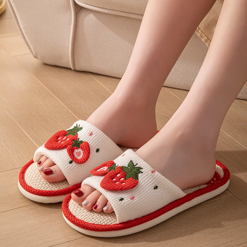 Strawberry Linen Women Slippers Home Open-Toe Designer Summer Shoes Girls Indoor Slides Non-Slip Soft Silent Unisex Breathable image 6
