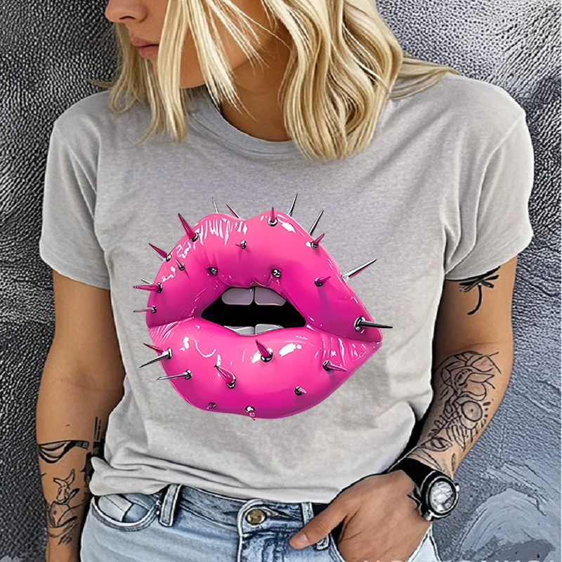 Cotton 100% Women's Rock and Roll Steel Nail Lips Print T-Shirt Casual Crew Neck Short Sleeve Top for Summer T-Shirt Women