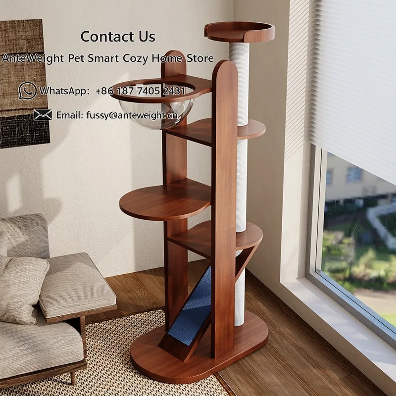 Solid Wood Cat Tree with Space Capsule, Large Climbing Frame & Condo | Sisal Scratching Posts for Big Cats & Multi-Cat Homes
