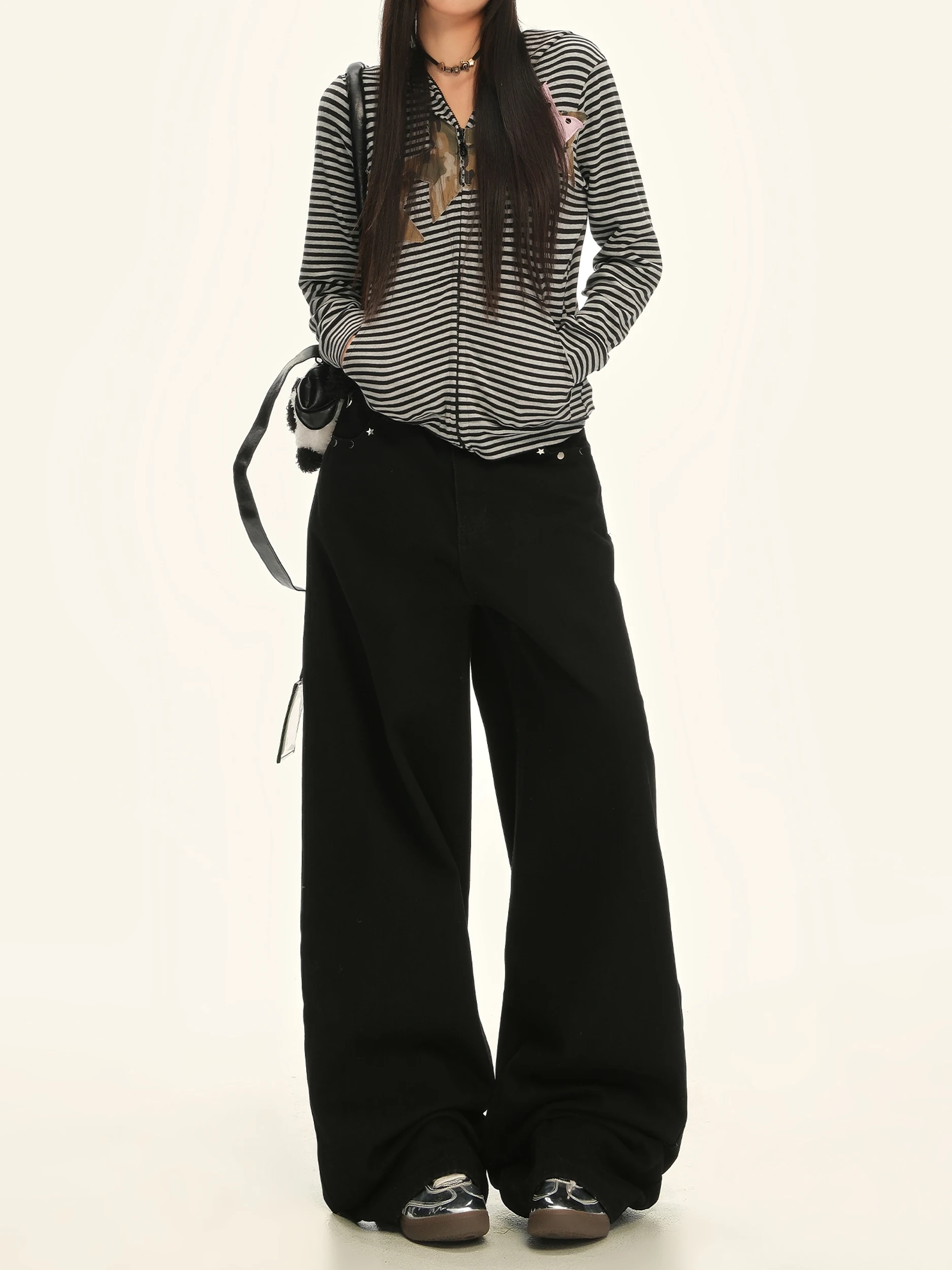 

Retro American Rivet Straight Leg Jeans Women's High Waist Loose Fit Wide Leg Pants Casual Cotton Polyester Blend