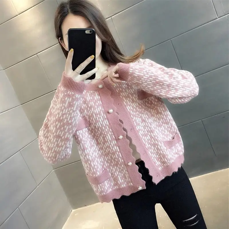 Xiaoxiangfeng Women Short Cardigan Sweater New Stitching O-Neck Button Pocket Fashion Loose Casual Long-sleeved Knitted Top