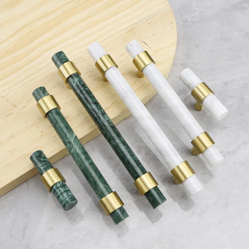 White/Green Marble Cabinet Handle Brass Hardware Wardrobe Pulls Natural Stone Drawer Knobs Furniture Bar Handle