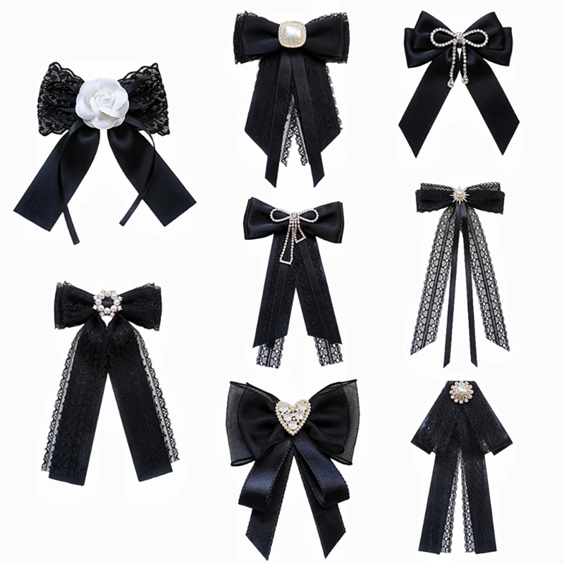 Women Crystal Pearls Bows Tie Ribbon Brooch Pin Bowknot Corsage Uniform Necktie K3KF