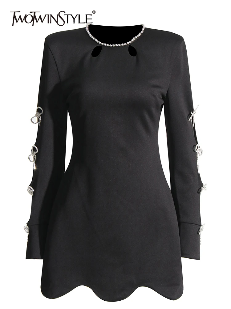 

TWOTWINSTYLE Solid Hollow Out Patchwork Diamonds Dress For Women Round Neck Long Sleeve High Waist Bodycon Mini Dresses Female
