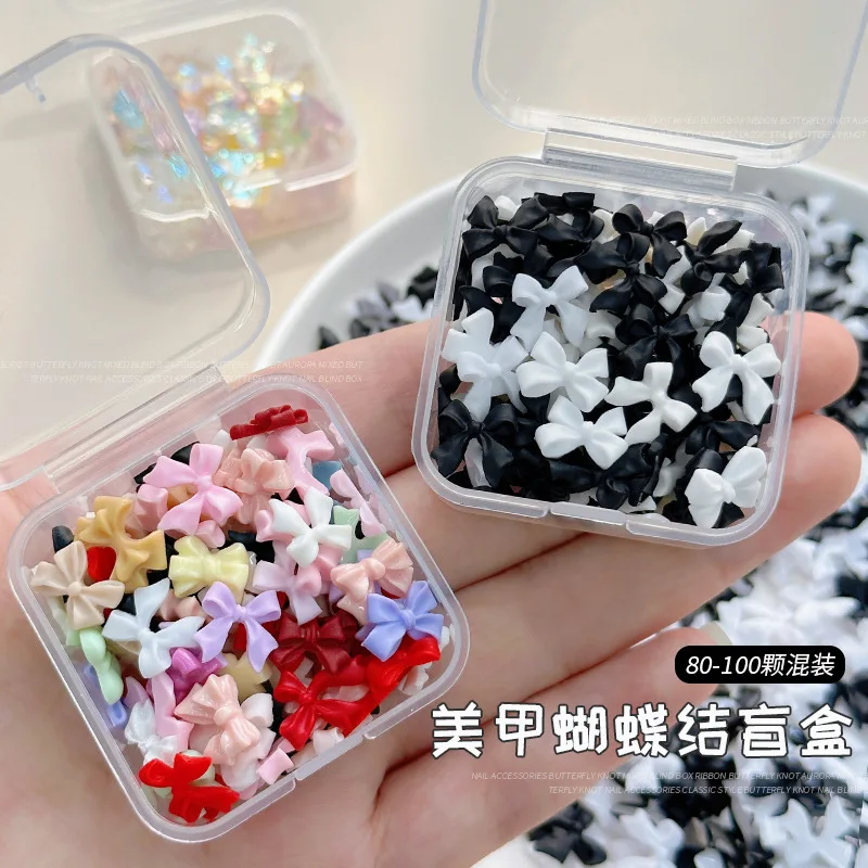 YYM Assorted Black and White Bow Nail Art Accessories: 3D Ribbons, Colorful Aurora Bow Ties, Resin Rhinestone Nail Decorations