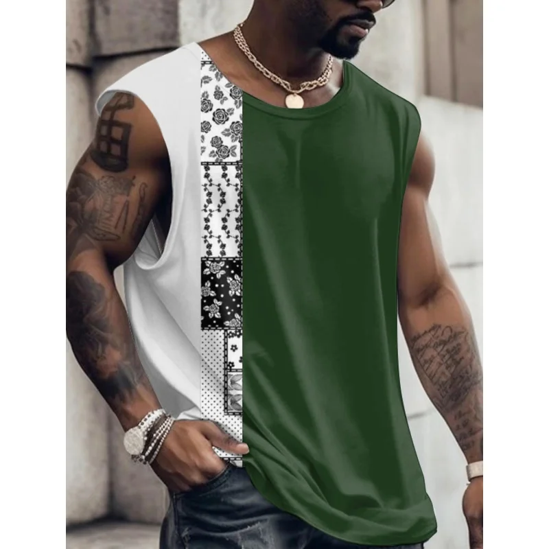 Printed Retro Striped Tank Tops For Man Colorful Splicing Pattern Tees Summer Casual Vest Oversized Sports Street Tank y2k Top