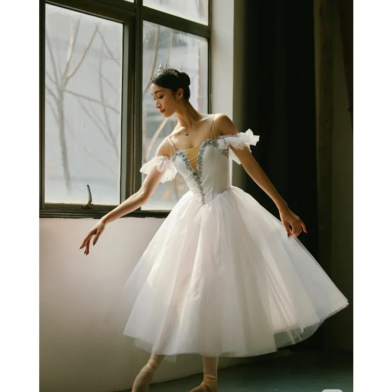 

Платье для балета, белое танцевальное марлевое платье, плиссированная юбка, платье феи, балетный костюм, балетный костюм