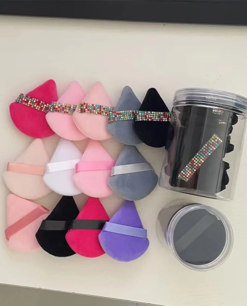 Private Label 10pcs Diamonds Triangle Powder Puff Face Makeup Sponge Cosmetics Soft Cotton Face Puff Washable Velvet Makeup Tool