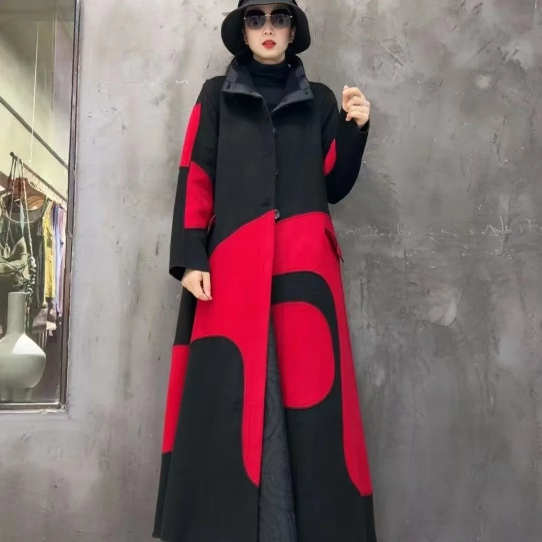 Vefadisa Red 2024 AutumnWinter New Women Patchwork Woolen Coat Stand Collar Long Sleeve Long Coat Fashion All-match Coat ZXY831A