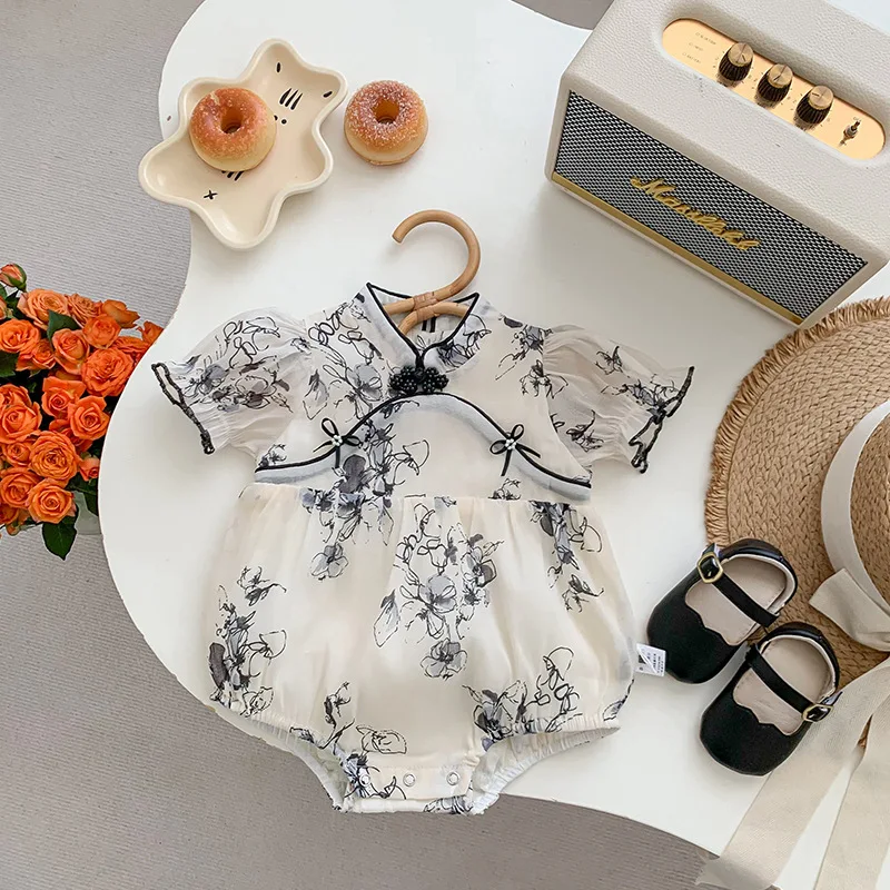 2024 Summer Infant Girl Cheongsam Romper Muslin Short Sleeve National Ink-painting Exquisite Jumpsuit Baby Girl Bodysuit Clothes