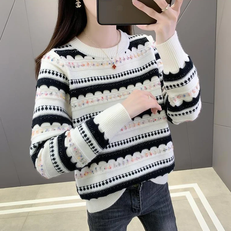 Otoño Invierno suéter de punto mujer pulóver Casual suelto manga larga grueso cálido suéter a rayas