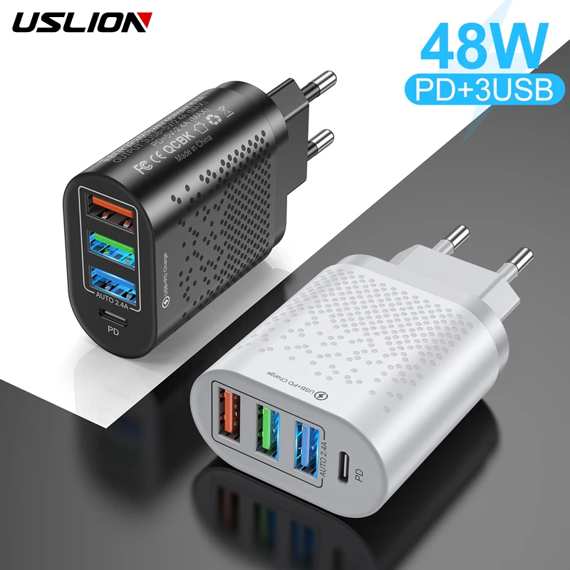 USLION 48W USB Fast Charger Type C Quick Charge QC3.0 PD 4 Port USB C Charger USB Fast Charging For iPhone 14 13 Pro Max Travel