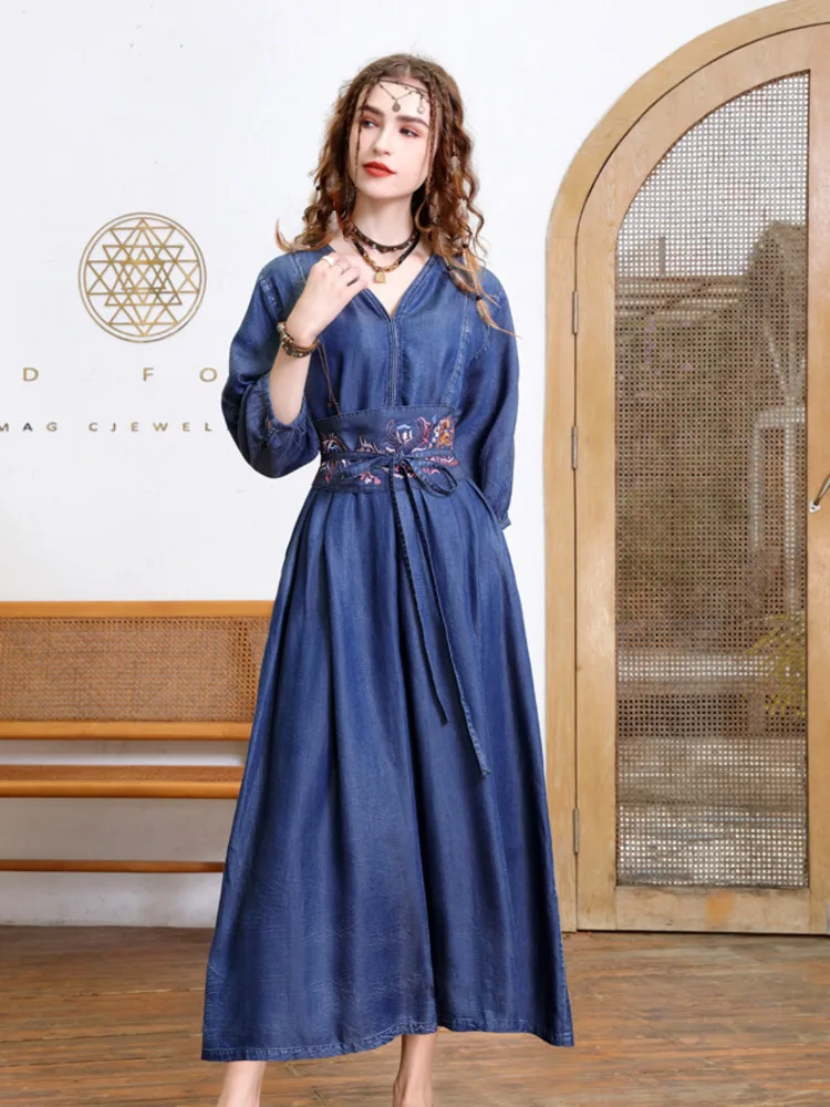 #2768 gaun Denim A-line biru Vintage wanita gaun wanita Retro pinggang tinggi lengan tiga perempat sabuk bordir musim semi musim gugur