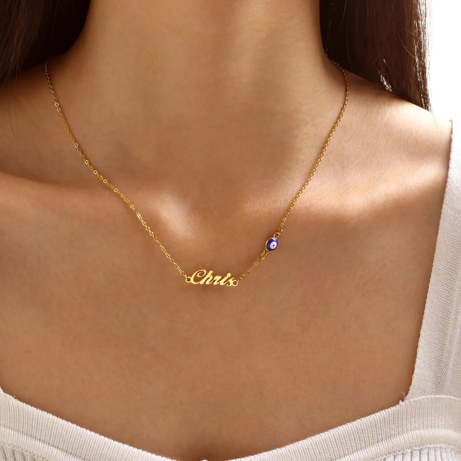 Women Name Necklace Pendant, Personalized Anyname With Evil Eye Amulet Lucky Jewelry